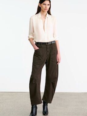 Nili Lotan Shon Dark Brown Stretch Barrel Leg Pants Sz 8
